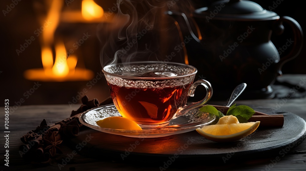 A cup of warm tea is placed on the table - obrazy, fototapety, plakaty 