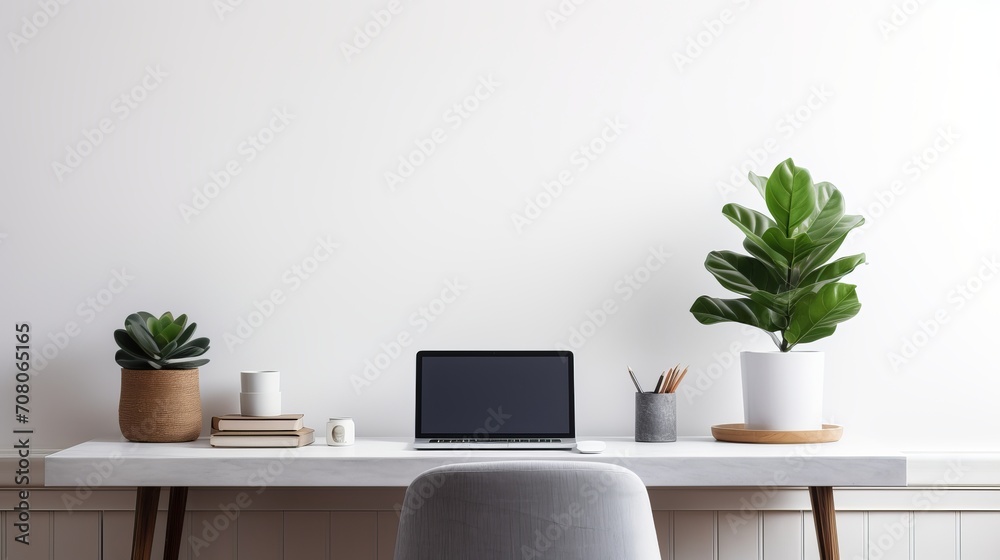 A home office interior design that is minimal and includes a fiddleleaf fig plant