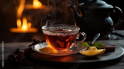 A cup of warm tea is placed on the table photo