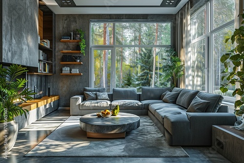 Interior of modern living room with grey sofas, window and shelving unit