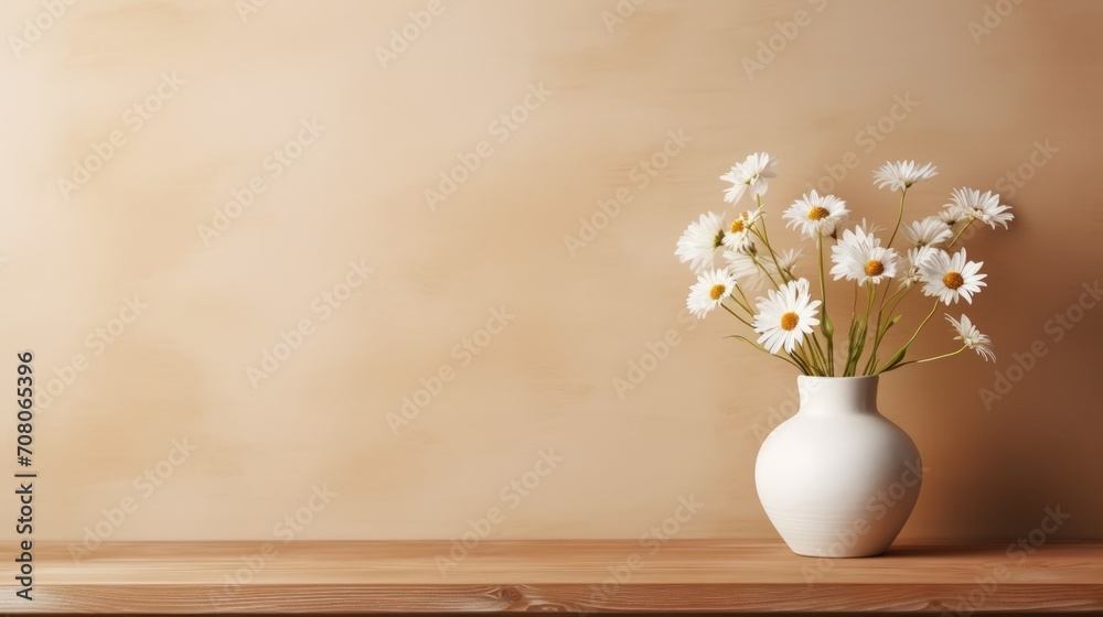 Wooden table with chamomile flowers on beige clay vase in front empty white wall. AI generated image Wooden table with chamomile flowers on beige clay vase in front empty white wall. AI generated image