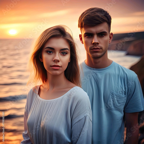 Adolescentes chica y chico junto al mar con una puesta de sol de fondo  photo