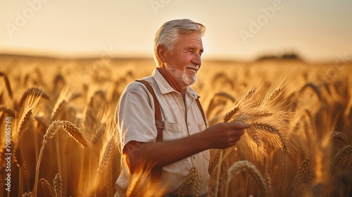 A photo of a senior farmer agronomist inspecting crops in a wheat field prior to harvest. photo