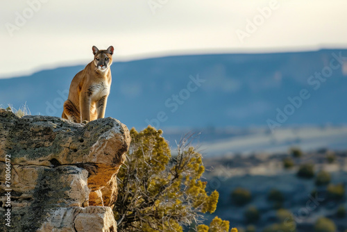 A mountain lion perched on a rocky outcrop gazes down with a commanding presence