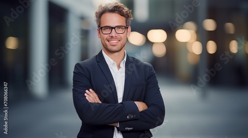 A portrait of a young businessman who is confident and has his arms crossed.