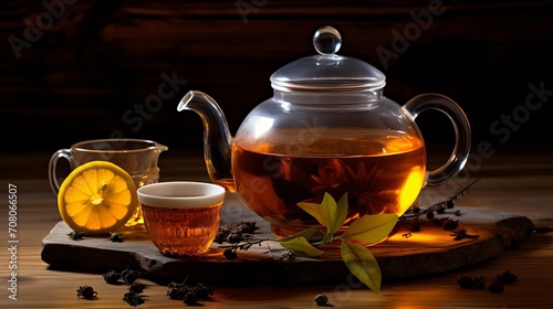 A wooden table is where i am serving lemon tea with dried tea leaves and a teapot.