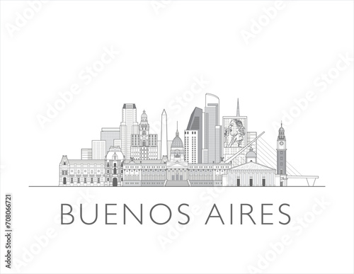 Buenos Aires  Argentina cityscape line art style vector illustration in black and white