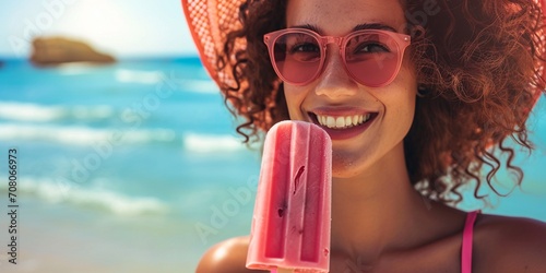 Young smiling woman wearing straw hat holding a popsicle smiling in front of the sea, with copy space. photo