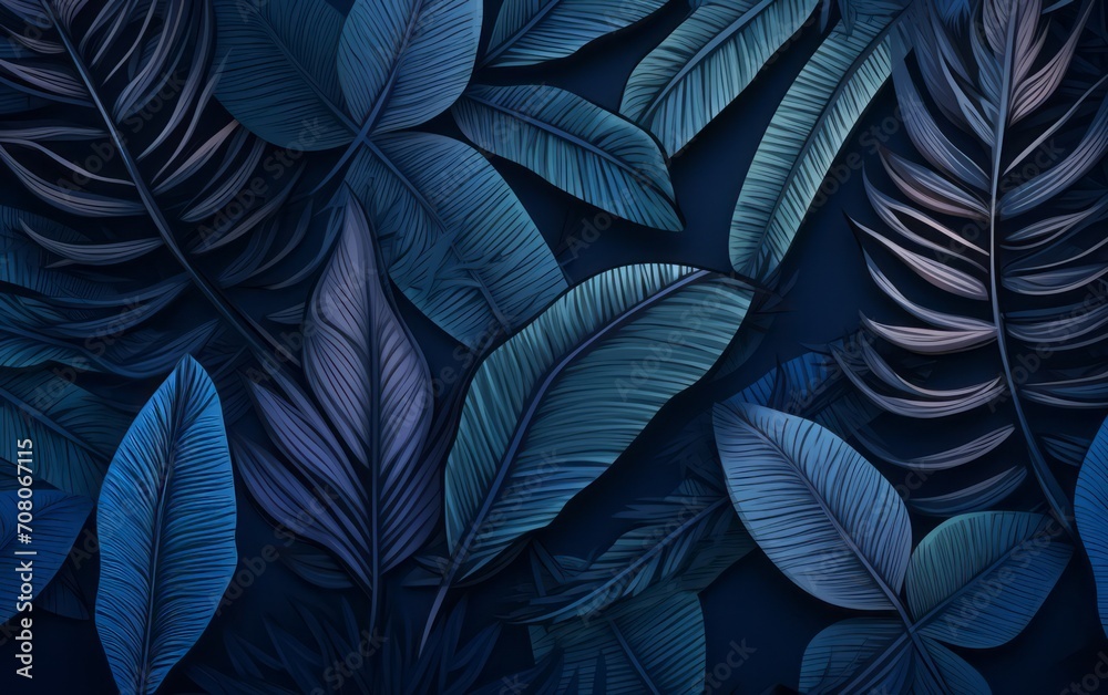 sfondo tappezzeria di foglie e piante tropicali dalle tonalità blu - obrazy, fototapety, plakaty 