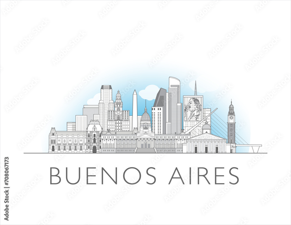 Buenos Aires, Argentina cityscape line art style vector illustration in black and white
