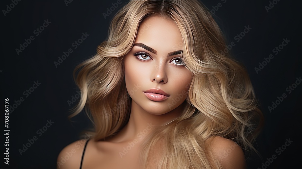 The portrait depicts a woman with dark blonde hair who has elegant wavy long hairstyles and exquisite makeup. The portrait depicts a woman with dark blonde hair who has elegant wavy long hairstyles and exquisite makeup.