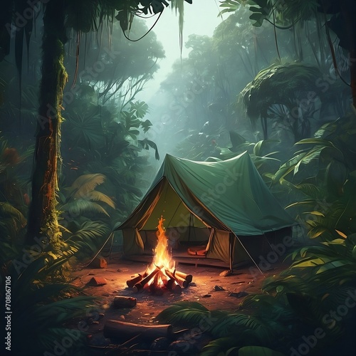 Beautiful illustration of a cozy tent and a campfire, dense rainforest, exotic flora. Tropical paradise. Greenery peaceful paradise environment. Generative AI
