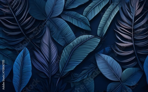sfondo tappezzeria di foglie e piante tropicali dalle tonalità blu