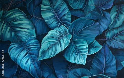 sfondo tappezzeria di foglie e piante tropicali dalle tonalità blu photo