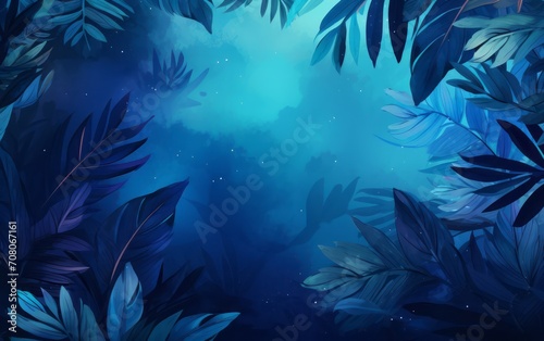 sfondo tappezzeria di foglie e piante tropicali dalle tonalità blu con spazio per scrivere