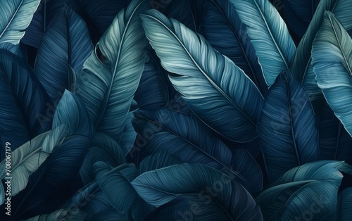 sfondo tappezzeria di foglie e piante tropicali dalle tonalità blu photo