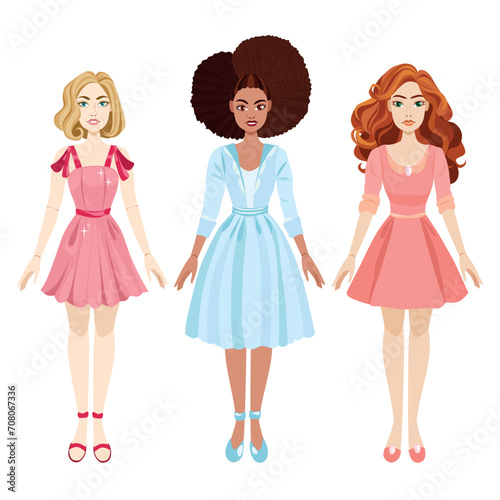 Fashion dolls set with clothes and shoes. Vector