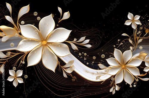 Abstract floral background with white flowers and gold elements. Vector illustration.