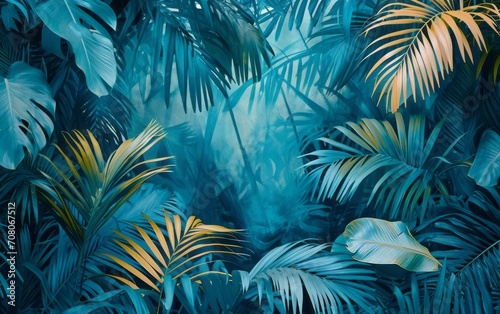 Tropical leaves  Plants  blue  green  space background  wallpaper