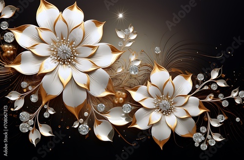 abstract floral background with gold and silver ornaments and flowers