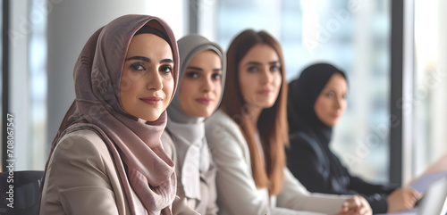  Portrait of arab businesswomen of different nationalities. Womens leadership, inclusion. Close-up photo