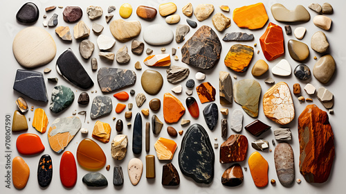 Collection of various gemstones and minerals neatly laid out on a white background. Top view.