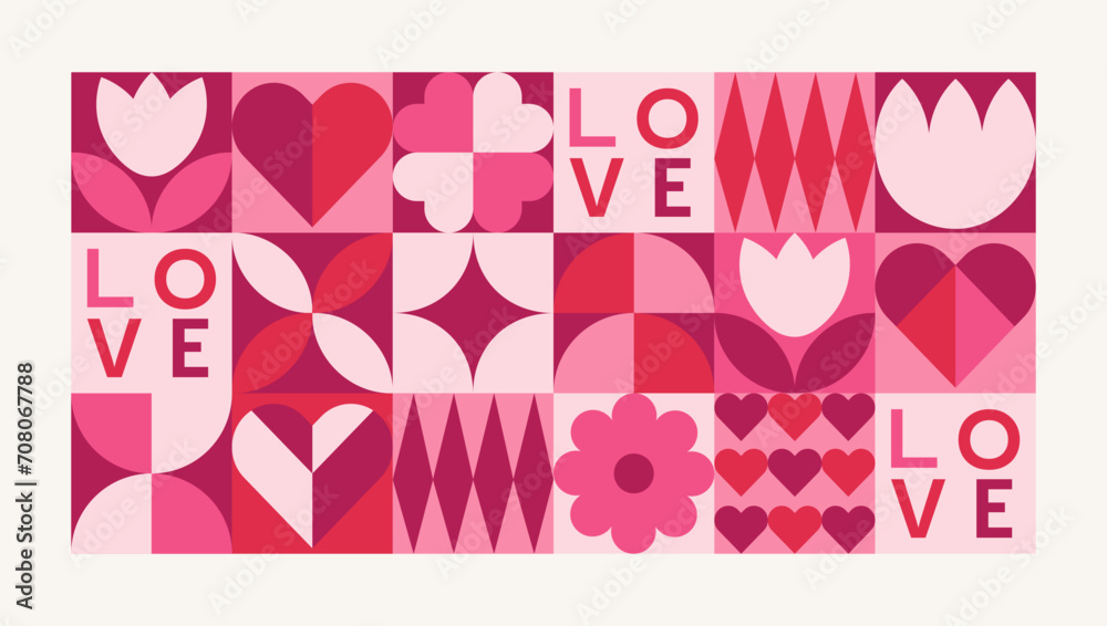 Geometric Valentine's day pattern with simple shapes. Romantic vector background. Love and hearts. Modern abstract design for print, banner, fabric, card, wrapping paper, cover. Geometric Valentine's day pattern with simple shapes. Romantic vector background. Love and hearts. Modern abstract design for print, banner, fabric, card, wrapping paper, cover.