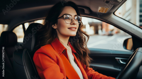 A stylish woman in a red blazer focuses on the road as she drives her car, her expression one of contentment and determination, hinting at a confident, modern professional on the move.