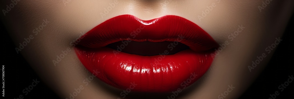 Women's lips close-up with sexy red lipstick, banner - obrazy, fototapety, plakaty 