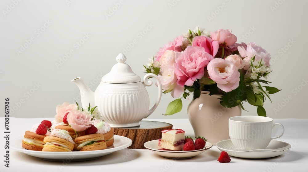 A lovely english afternoon tea set featuring baked flowers and copy space on a white background flat. A lovely english afternoon tea set featuring baked flowers and copy space on a white background flat.