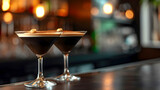 Espresso Martini on bar counter. Copy space