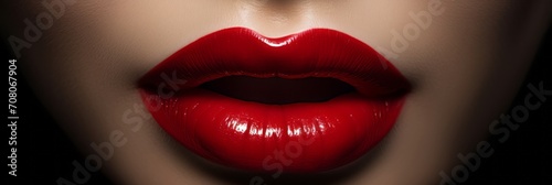 Women's lips close-up with sexy red lipstick, banner photo