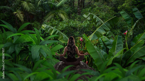 Fototapeta Naklejka Na Ścianę i Meble -  Woman in yoga position meditating in tropical jungle