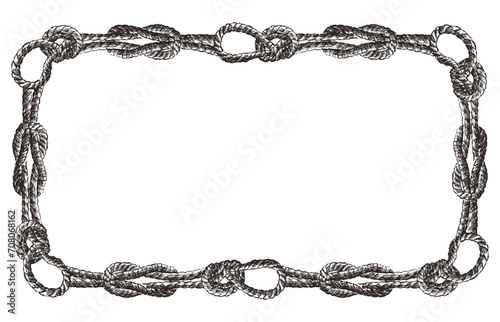 Abstract decorative vector border of drawn rigging rope tied in sea knots 