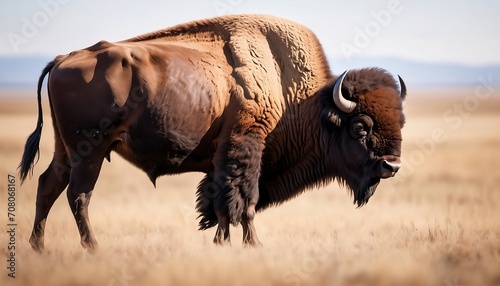 Portrait of a bison on the plains. Yellowstone National Park. Generative AI photo