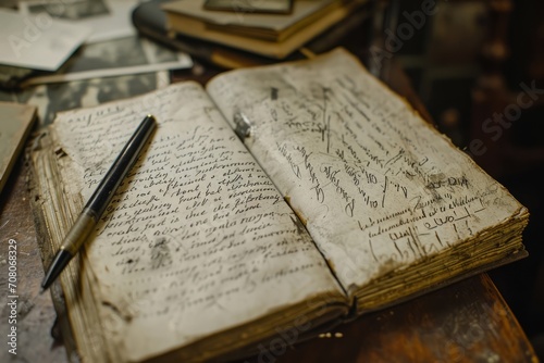 A close-up of a detective's worn notebook with scribbled notes and sketches, telling the story of the investigation. Muted earthy tones and documentary-style framing