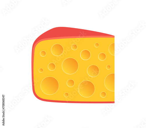 Piece of cheese with large holes and a red crust. Vector flat illustration.