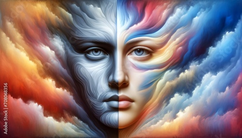 This compelling artwork captures the duality of the human psyche through a face split into monochrome and colorful halves  symbolizing the range of human emotions