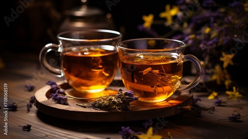 A wooden cutting board is used to hold a glass cup of hot tea and dried flowers
