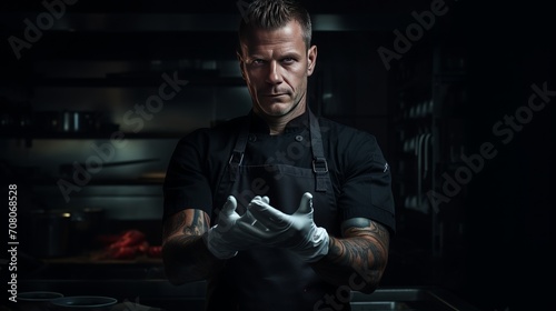 Black latex gloves are placed on the hands of the chef in a black shirt and apron before preparing food, and the background is black.