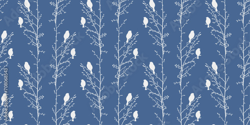Seamless vector pattern of silhouettes sparrows birds sitting on tree branches in spring, background for wallpaper, paper,textile