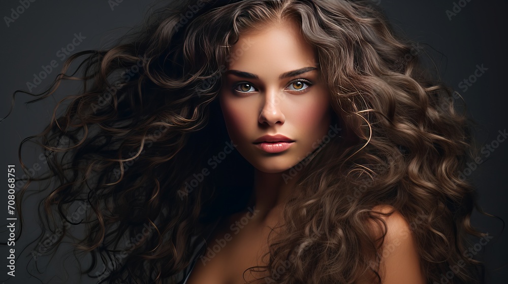 In a studio shot, there is a beautiful woman with long hair, shining curls, and a gray background.