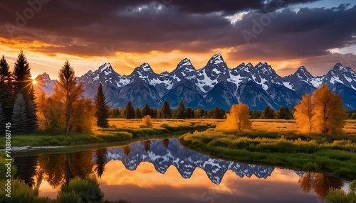 Dramatic capture of the sunsetting and sunset Reflections on the Grand Teton Range from Schwabacher Landing. Generative AI