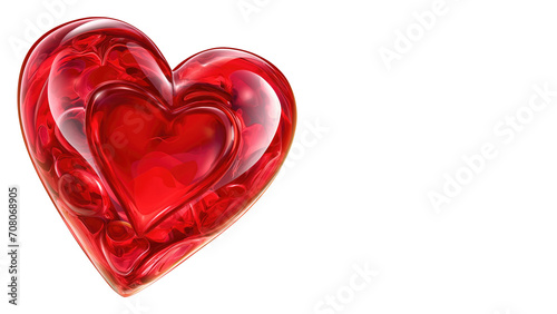 Romantic red 3d glass heart on white background  copy space. Valentine s Day banner. Greeting card