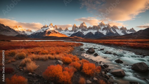 A photograph capturing Mount Fitz Roy in Argentina during a late autumn to winter sunset would likely present a breathtaking sight. The mountain, known for its jagged and imposing peaks.