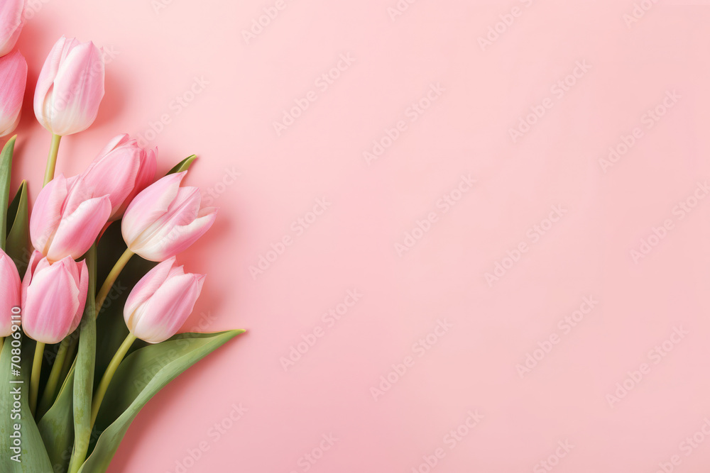 Delicate pink tulips gracefully lean into the frame, set against a soft pastel pink background providing a tranquil and romantic vibe