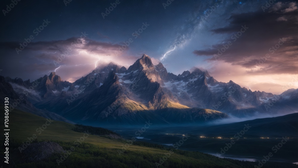 The photograph captures the summertime beauty of a mountain landscape beneath a starlit sky, illuminated by the mesmerizing flashes of lightning.