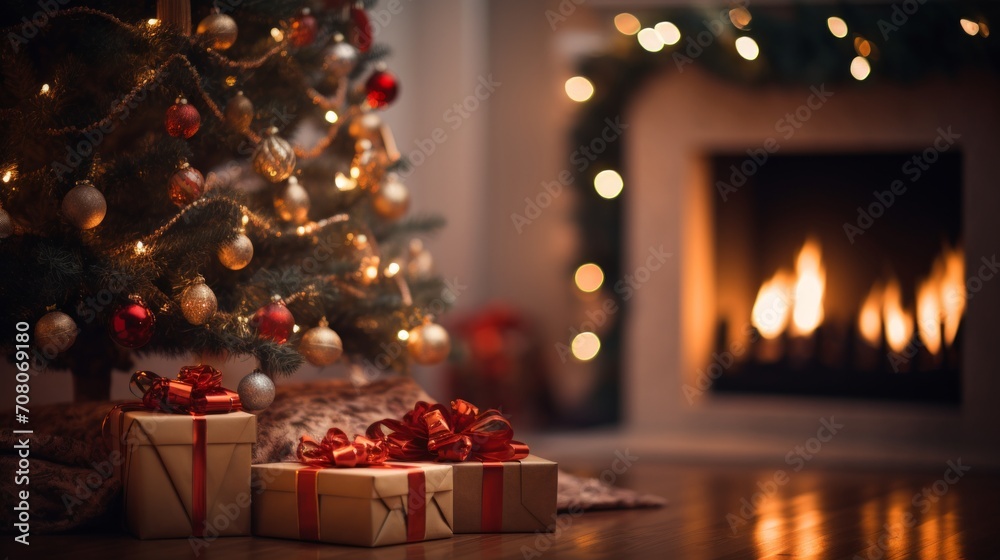 christmas gift box , bokeh background, fire place, christmas tree