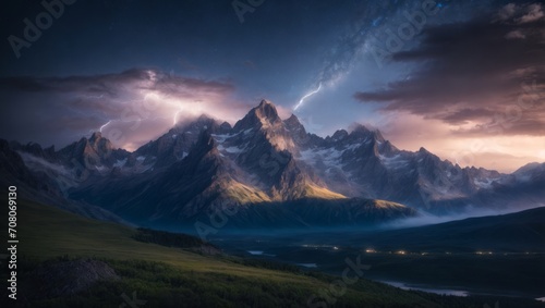 The photograph captures the summertime beauty of a mountain landscape beneath a starlit sky, illuminated by the mesmerizing flashes of lightning. © zlatoust198323