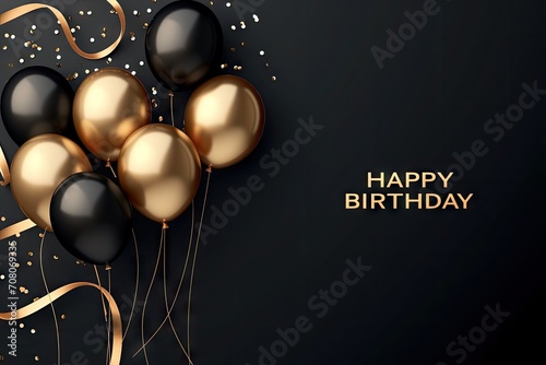 gold balloons for happy birthday on black background Generative AI photo